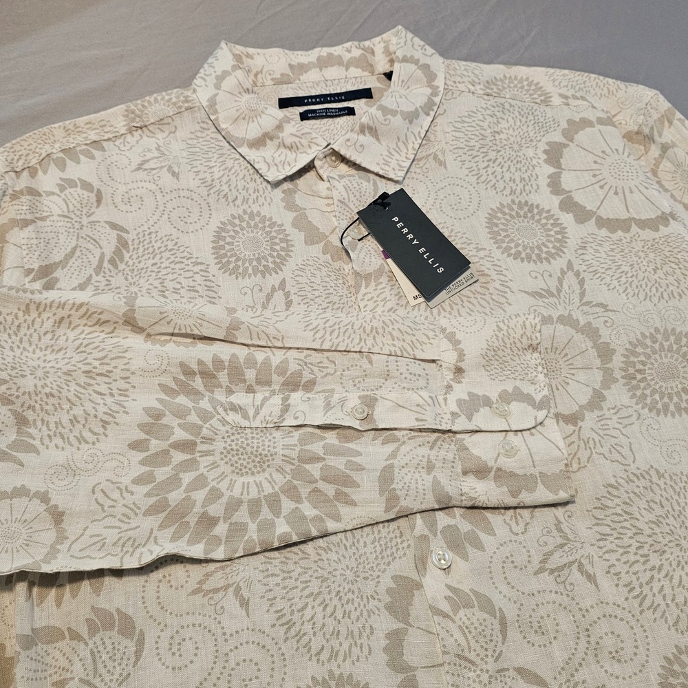 Perry Ellis Untucked Shirt 2X Linen LS w/Roll-Tab White Tan Floral NWT $99 L983